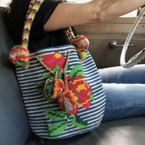 Wayuu Striped Rose Braided Handle Tote Bag Colombi